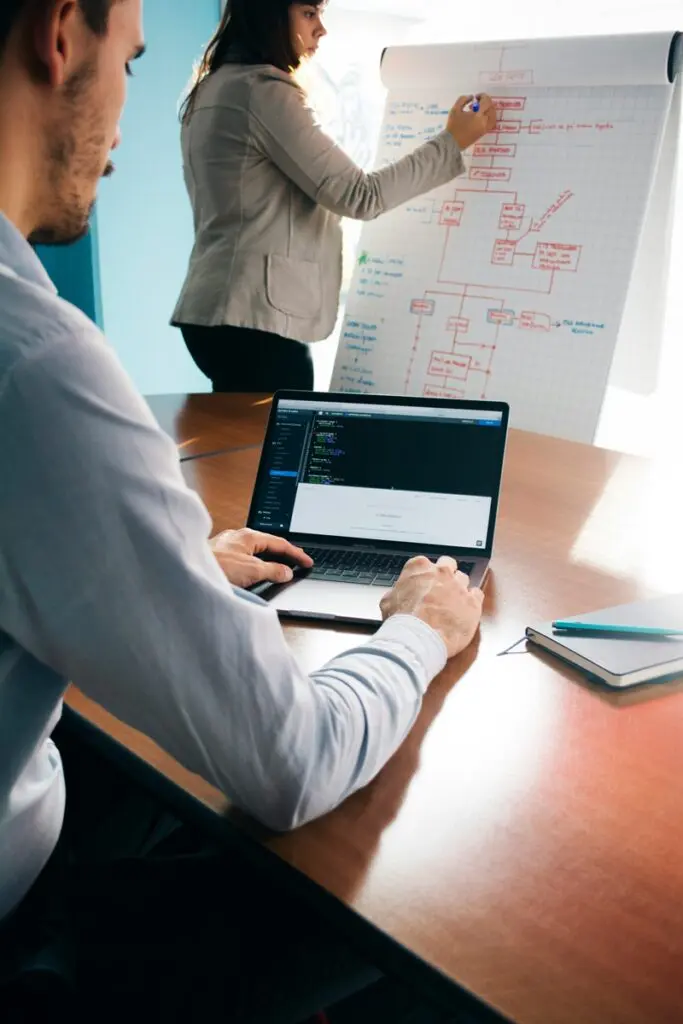 Man coding on a laptop at a conference table while a woman draws a flowchart on a large whiteboard.