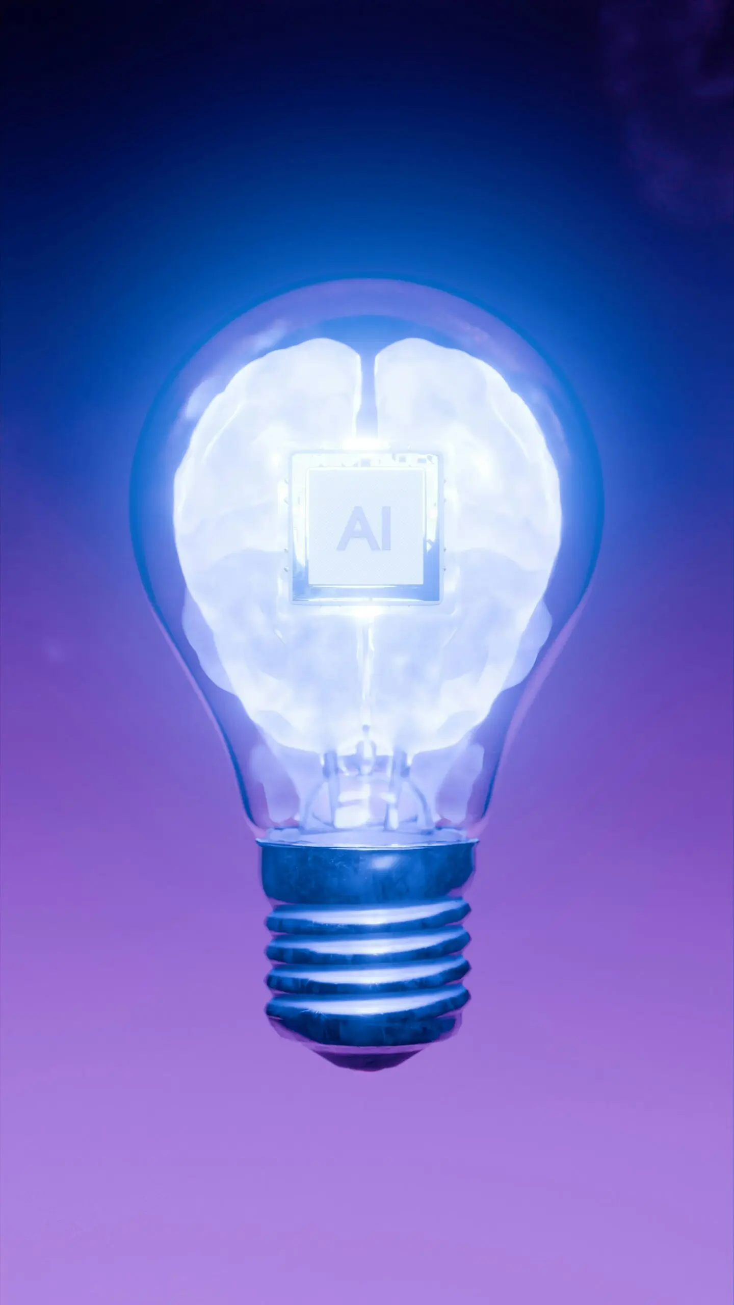 Close-up of a glowing light bulb with an AI chip at its center, symbolizing artificial intelligence ideas.
