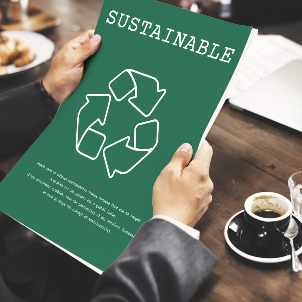 Hands hold a green brochure titled SUSTAINABLE with white puzzle-piece graphics on a wooden table with coffee cups nearby.